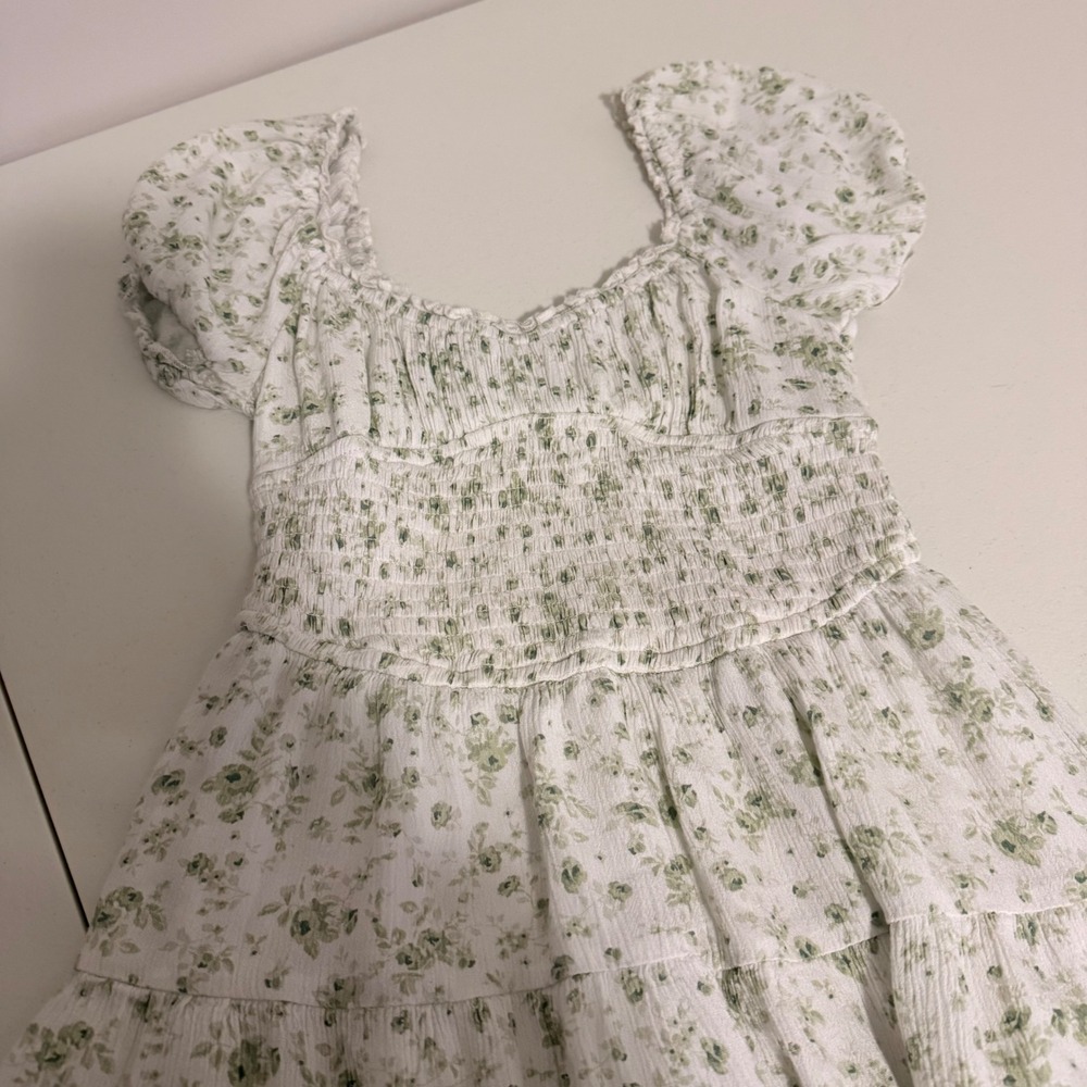 Aeropostale Womens Green Floral Smocked Tiered Mini Dress Small Cottagecore